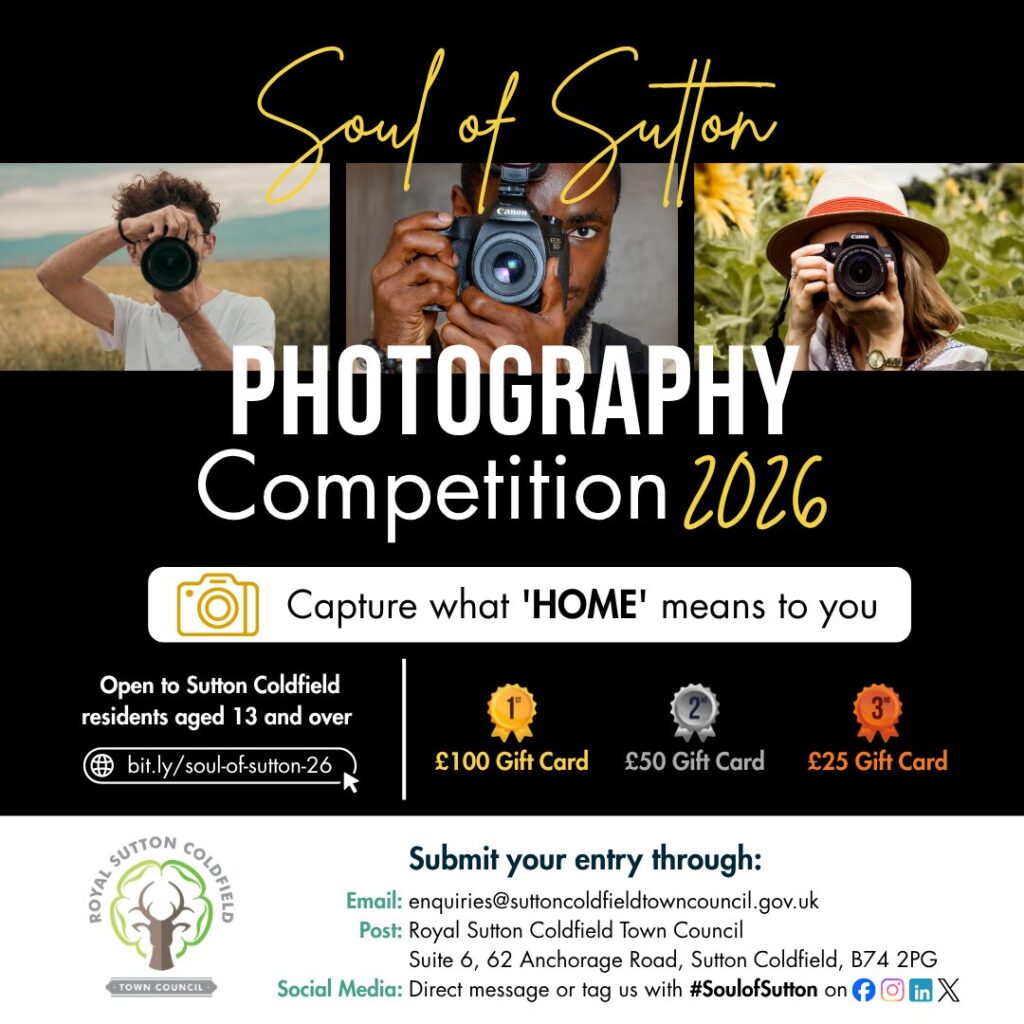 Promotional image with the details about the Soul of Sutton Photography Competition, including, categories, entry deadline, prizes and where one can find more information.