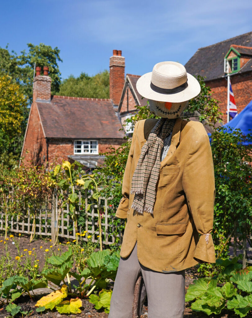 Picture of a scarecrow dressed in a hat, scarf and jacket