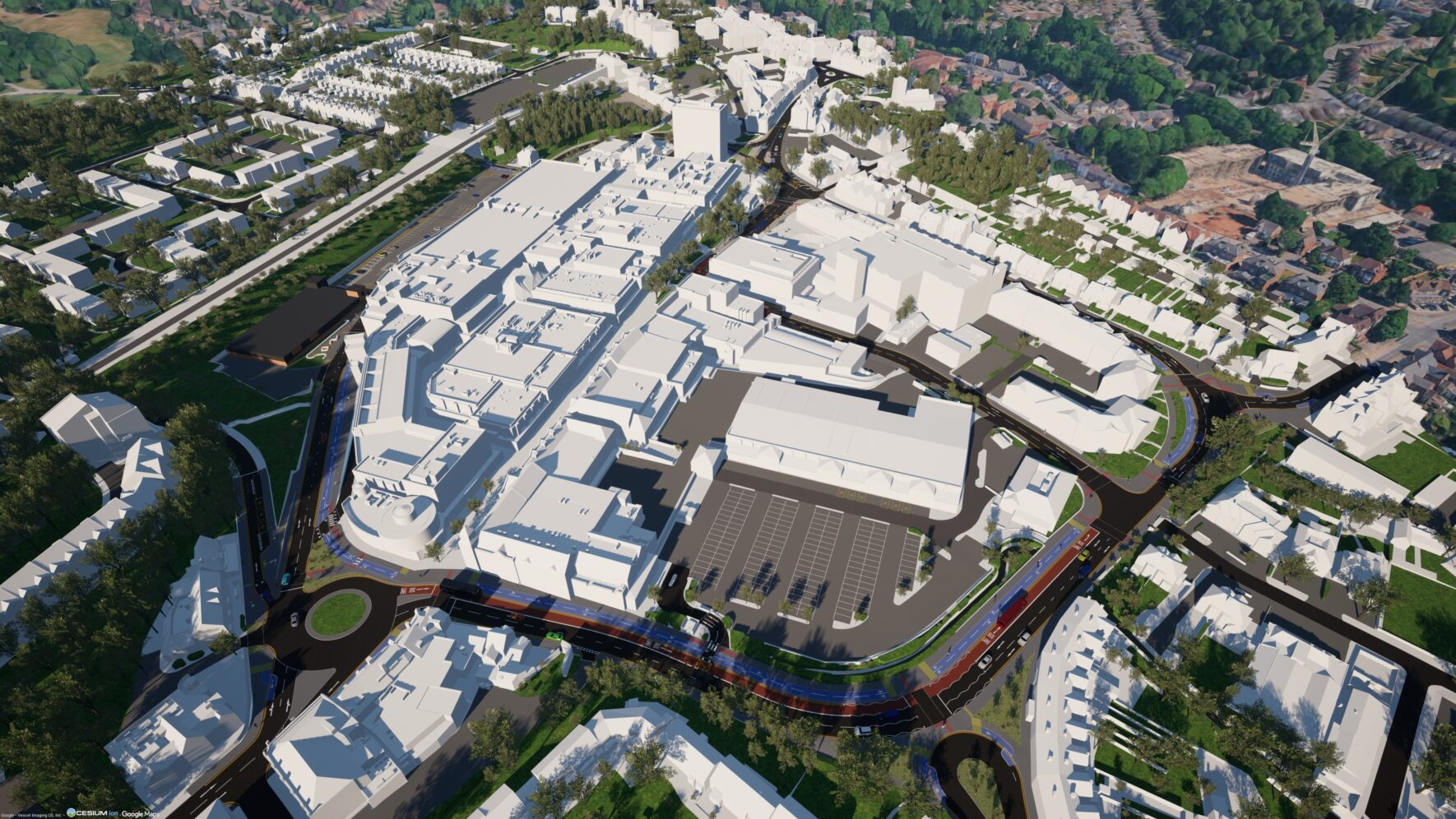 Aerial View of the model of Royal Sutton Coldfield Town Centre with the boundary marking the Gateway Scheme
